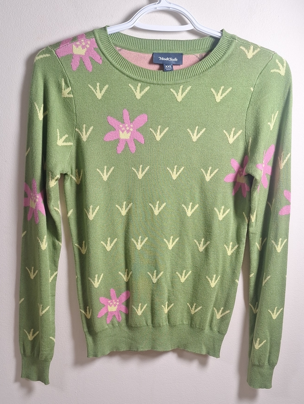 ModCloth Green Whimsical Grass & Pink Flower Knit Sweater